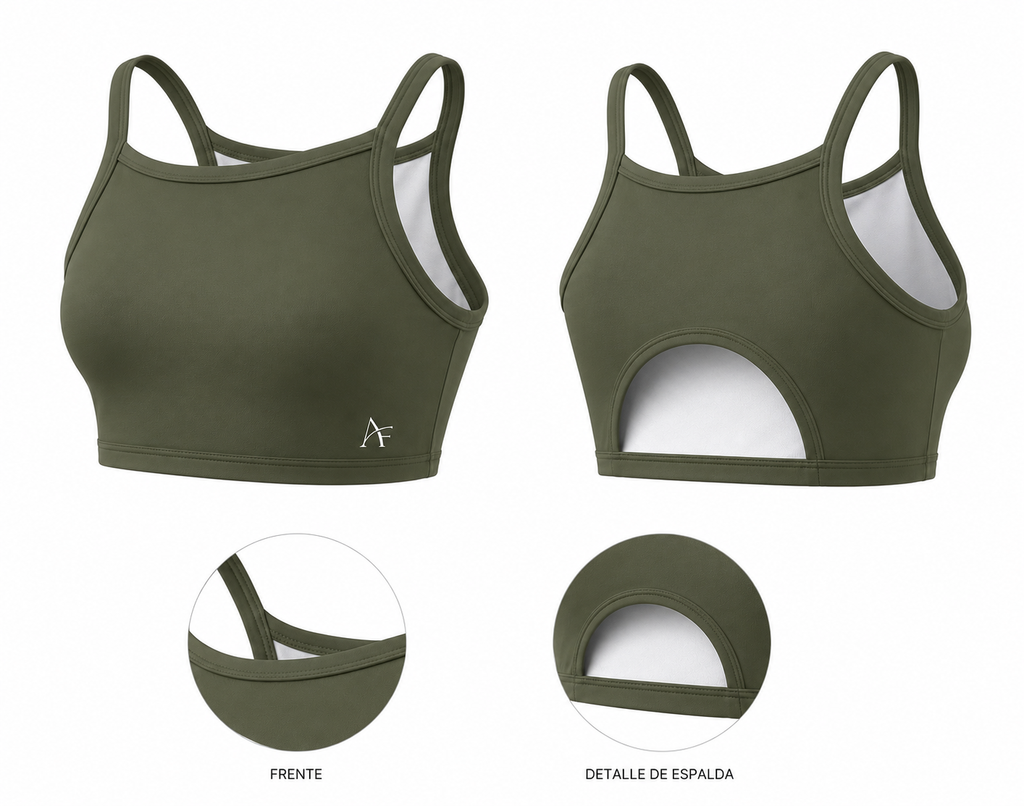 Top deportivo cut-out verde militar Alma Fit - frente y detalle espalda