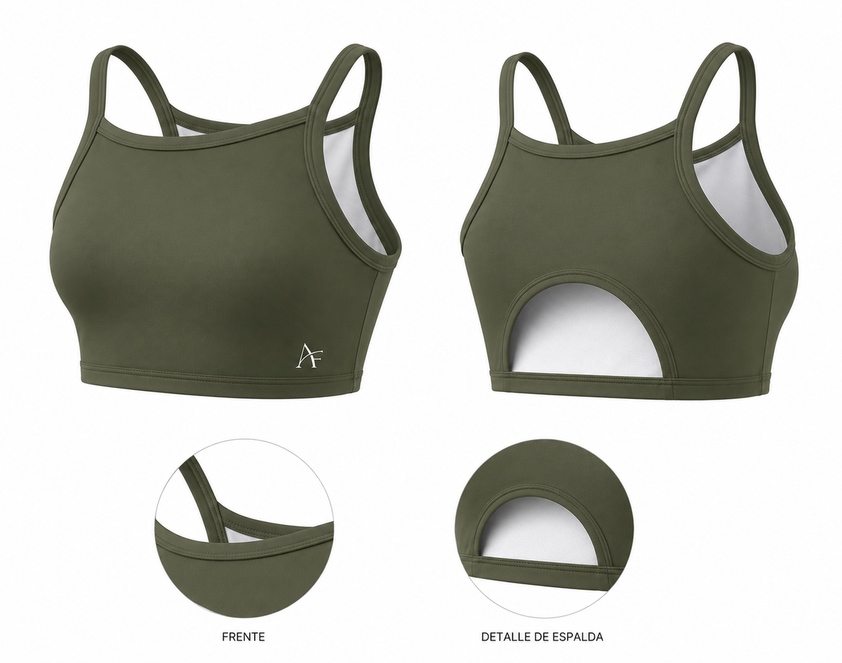 Top deportivo cut-out verde militar Alma Fit - frente y detalle espalda